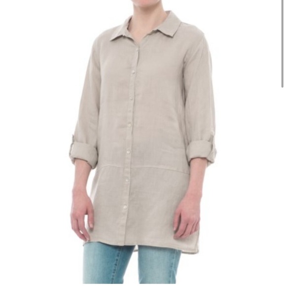 TAHARI Solid Linen Tunic Button Down Shirt Long Sleeve M - Picture 1 of 7